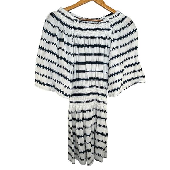 Faithfull the Brand White Navy Striped Off the Shoulder Mini Dress SZ 2 Coastal - Picture 3 of 12